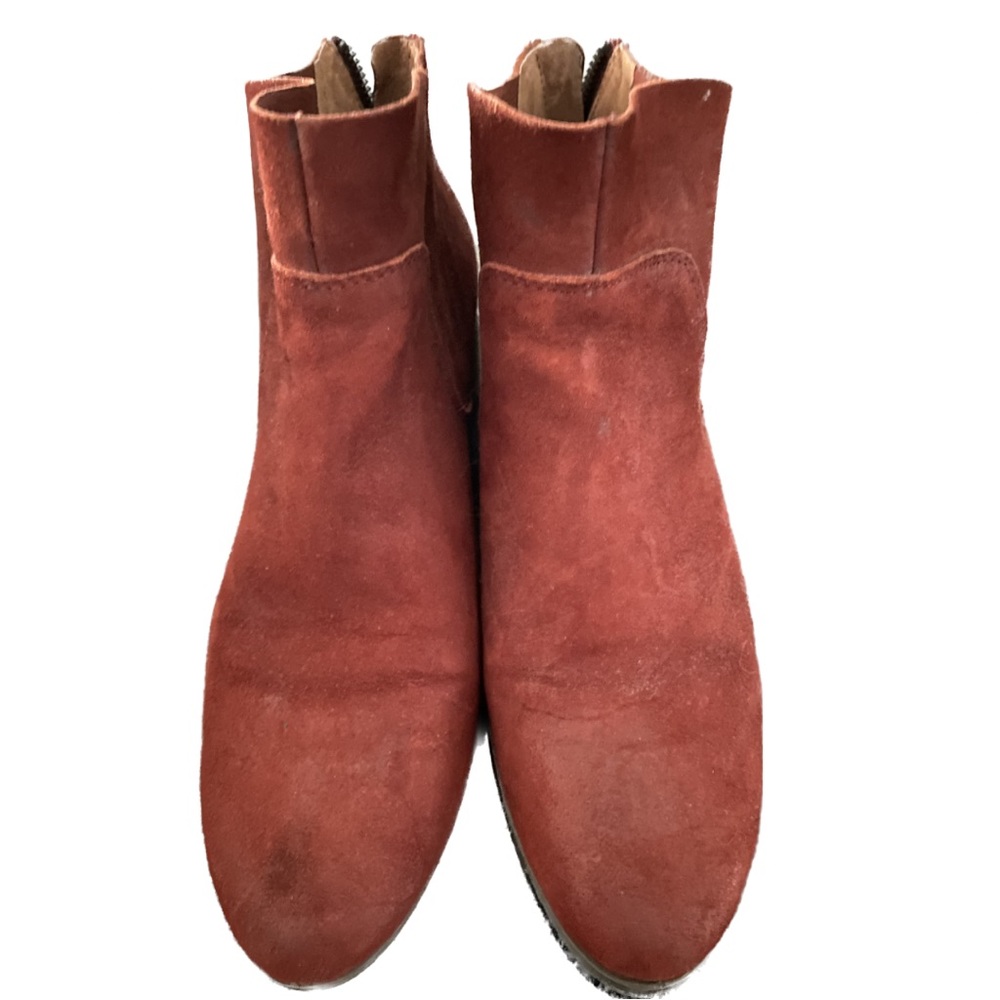 Lucky Brand booties, excellent condition, zip back, red suede, size 8.5.